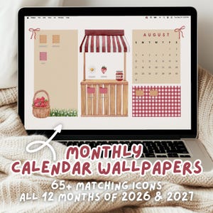 May include: A digital desktop wallpaper displayed on a laptop screen featuring a beige background with a wooden market stall illustration, a basket of strawberries, a red and white gingham pattern, and an August 2026 calendar grid.