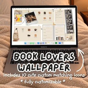 Peut inclure: Un MacBook Pro affichant un fond d'écran de bureau numérique à l'esthétique beige, présentant une mise en page sur le thème des livres avec une liste de tâches, un emploi du temps hebdomadaire, des cadres photo en pellicule et diverses icônes.