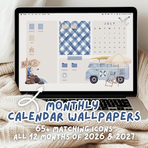 May include: A laptop screen displaying a digital desktop organiser wallpaper with a beach theme. The design features a July calendar, a blue van, a beach umbrella, a beach chair, a wooden beach sign, and a seagull. The background is beige.