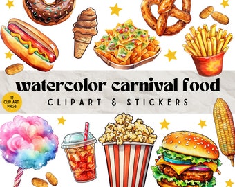 Watercolor Carnival Food Stickers & Clipart | Digital Download