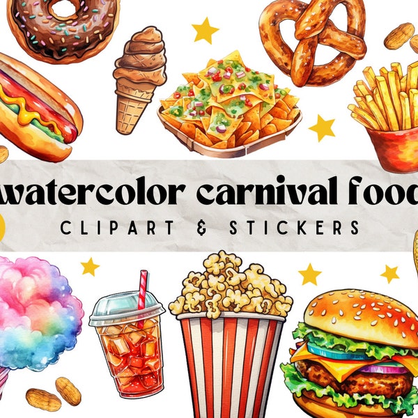 Watercolor Carnival Food Stickers & Clipart | Digital Download