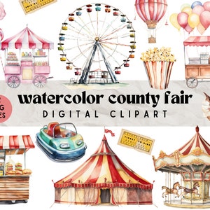 Aquarell County Fair Clipart PNGs | State Fair Fahrten, Essen, Ballons | Digitale Sticker Download SVGs