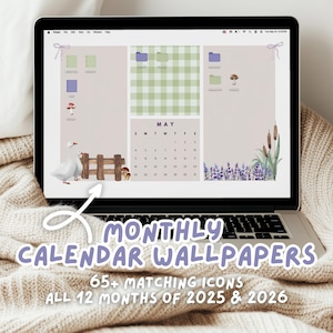 Calendario mensile per sfondi desktop / Organizzatore per computer 2025 e 2026 / Cartelle con icone personalizzate / Coquette Cute Minimal Bundle Aesthetic