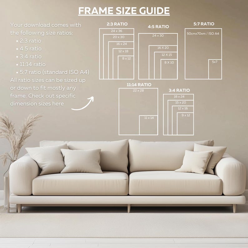 May include: A beige sofa with several pillows is in front of a wall with a "FRAME SIZE GUIDE" graphic. The guide lists various frame size ratios, including 2:3, 4:5, 5:7, 11:14, and 3:4, with corresponding dimensions in inches.