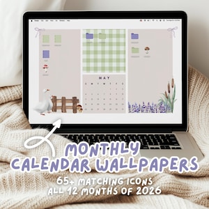 Monthly Desktop Wallpaper Calendar | 2026 Computer Organizer Bundle Custom Icons Folders | Coquette Cute Minimal Aesthetic Digital Download