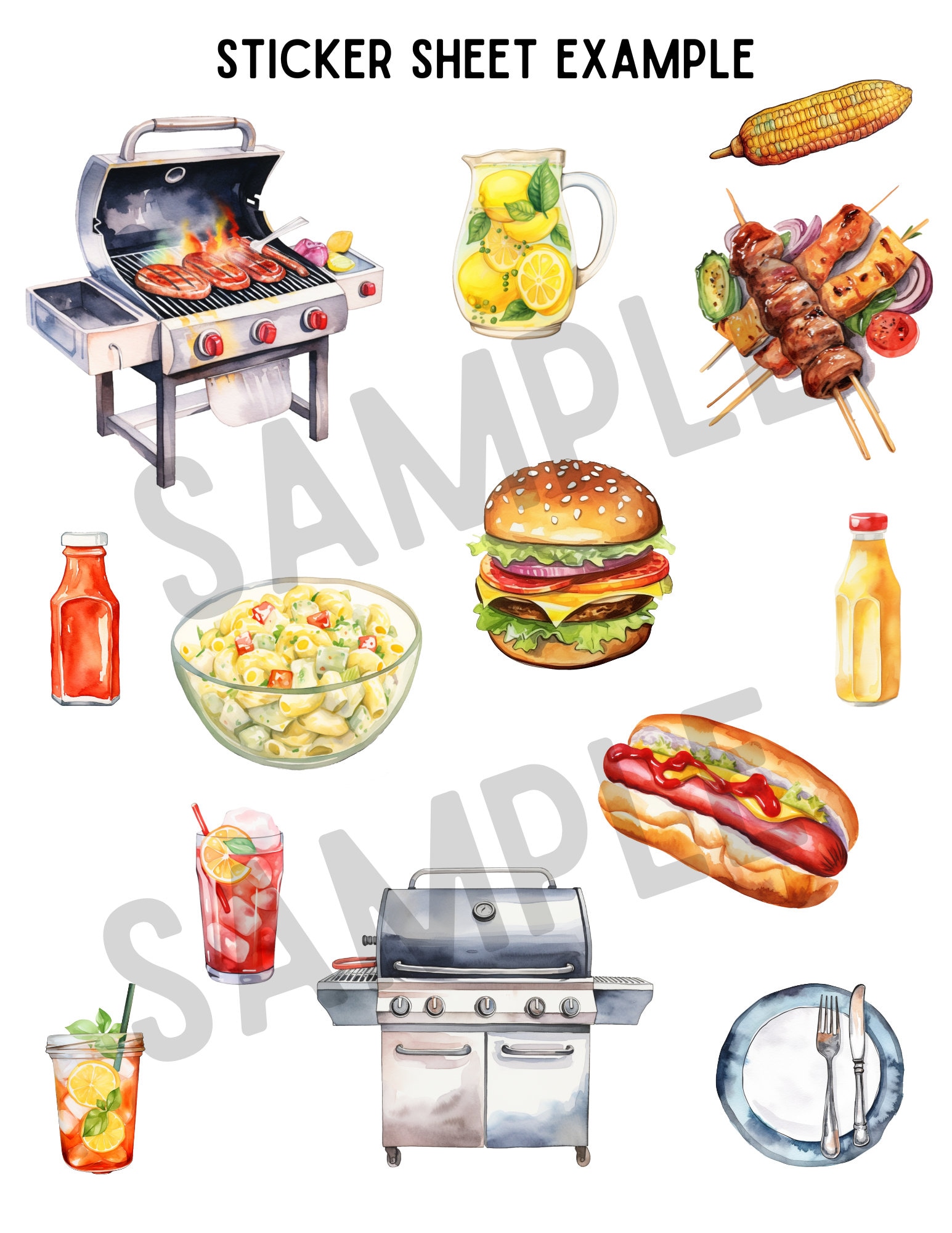 Watercolor Summer BBQ Stickers & Clipart | Digital Download - Etsy