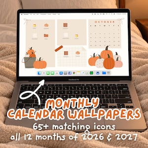 Monthly Desktop Wallpaper Calendar | 2026 & 2027 Computer Organizer Bundle Custom Icons Folders | Coquette Cute Whimsy Aesthetic