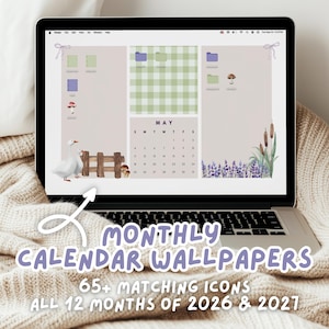Monthly Desktop Wallpaper Calendar | 2026 & 2027 Computer Organizer Bundle Custom Icons Folders | Coquette Cute Minimal Aesthetic