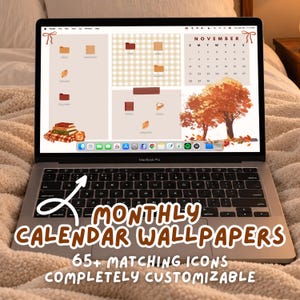 Monthly Desktop Wallpaper Calendar | Canva Template Customizable Computer Organizer Bundle | Icons Folders Coquette Cute Whimsy Aesthetic