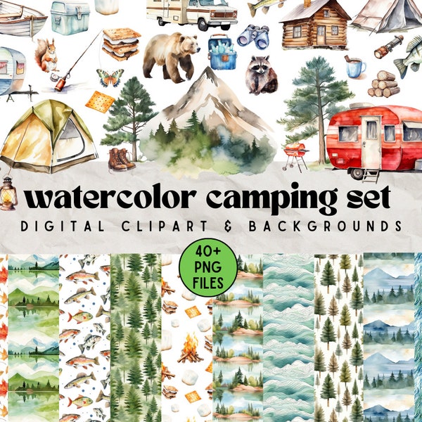 Camping Watercolor Clipart & Seamless Backgrounds | Fishing Trip, Tent, Cabin, Bonfire, Smores, etc. PNGS |  Digital Sticker Download