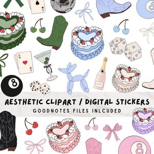 Puede incluir: Un conjunto de pegatinas digitales con una variedad de diseños estéticos, que incluyen corazones, pasteles, botas, dados y globos. El texto "Aesthetic Clipart / Digital Stickers" y "Goodnotes Files Included" también se incluye en la imagen.