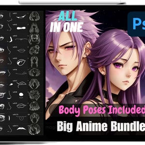 425 Photoshop Anime Stamps Big Bundle Of High Quality Male and Female Anime Brushes Eyes, Noses, Mouths, Hair & Body Poses, Commercial Use