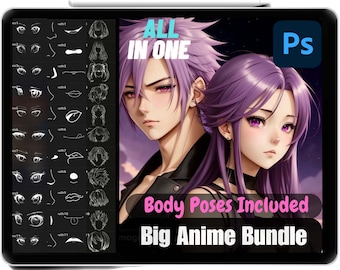 May include: A digital illustration of an anime couple with purple hair. The image includes the text "ALL IN ONE" and "Body Poses Included" and "Big Anime Bundle". The image also includes a grid of different anime eyes, noses, mouths, and hairstyles.