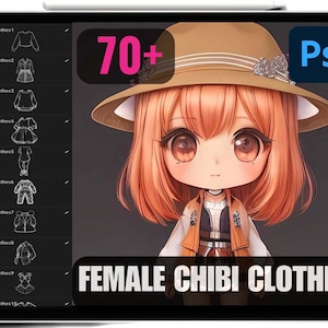 May include: A digital illustration of a female chibi character wearing a brown hat and a brown and black outfit. The image is labeled "70+ FEMALE CHIBI CLOTHES" and "Ps".
