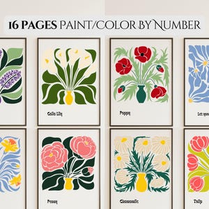 May include: A set of 16 printable colouring pages featuring different types of flowers in a stylised art style. Each page includes the name of the flower, such as Calla Lily, Poppy, Peony, and Tulip. The pages are designed for adults and children to colour by number.