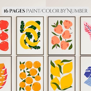 Op de afbeelding: 16 pagina's met kleurplaten met verschillende vruchten en bladeren. De illustraties bevatten granaatappels, bananen, appels, citroenen, sinaasappels en monstera bladeren.