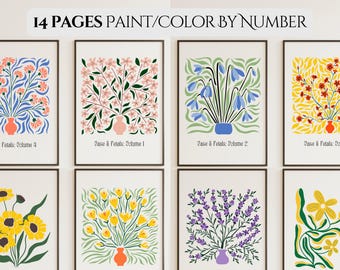 Paint by Numbers Modern Flower Wall Art [Set of 14] Printable Digital Download DIY Kits Minimalist Botanical Art Easy Painting for Adults