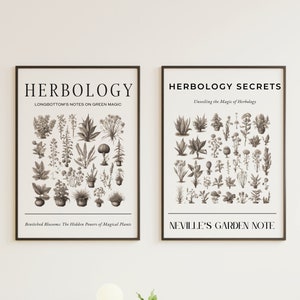Könnte beinhalten: Zwei gerahmte botanische Kunstdrucke. Der linke Druck lautet "Herbologie" und "Longbottoms Notizen zur grünen Magie". Der rechte Druck lautet "Herbologie-Geheimnisse". Beide zeigen detaillierte Illustrationen verschiedener Pflanzen.