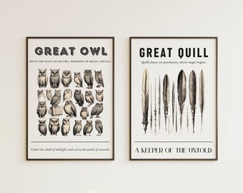 HP Owl Post & Quill Wall Art [Set of 2], Printable Vintage Decor, Wizarding World Letter Artwork, Magic Theme Decoration