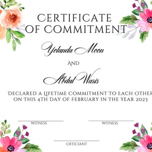 Wedding Ceremony Elopement Commitment Certificate