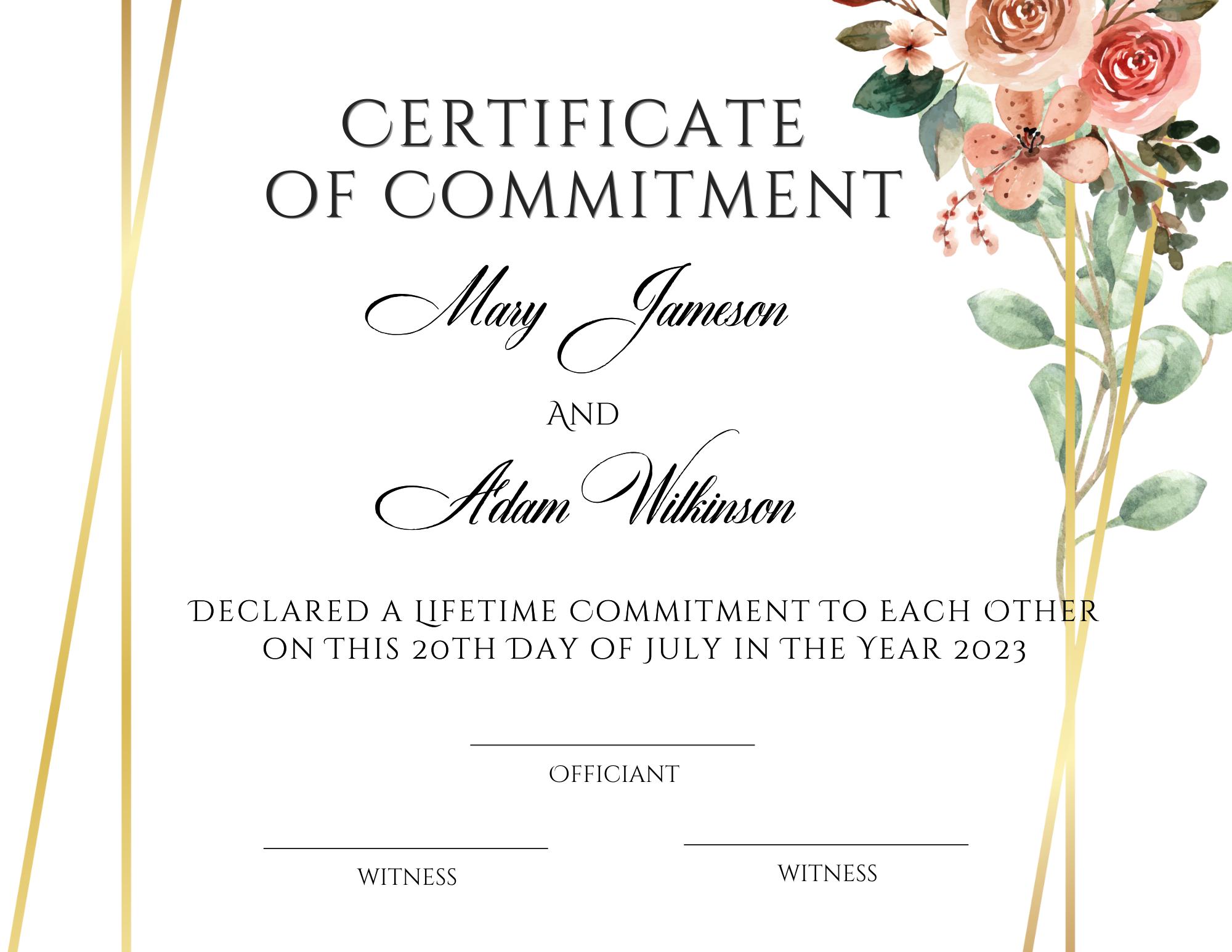 Rose Commitment Ceremony Certificate - Etsy