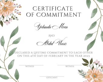 Könnte beinhalten: Ein weißes Zertifikat mit floralen Rändern, das ein lebenslanges Engagement zwischen Yolanda Moon und Abdul Waris am 4. Februar 2023 erklärt. Das Zertifikat enthält Platz für Zeugen und einen Standesbeamten.