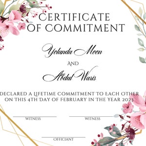 Commitment Wedding Ceremony Certificate