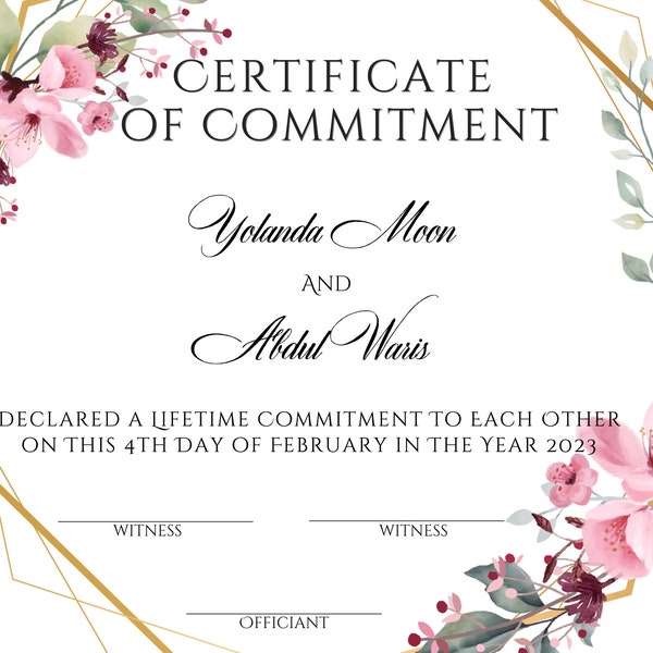 Commitment Wedding Ceremony Certificate