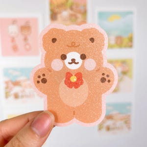 imperméable à l'eau Happy Bear | Mignon, kawaii | Pour agendas, bouteilles d'eau, ordinateurs portables | Sticker vinyle mat pailleté translucide