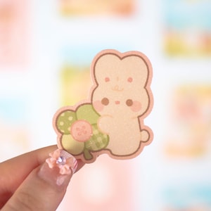 Sticker imperméable lapin trèfle | Mignon, kawaii | Pour agendas, bouteilles d'eau, ordinateurs portables | Sticker vinyle mat pailleté translucide