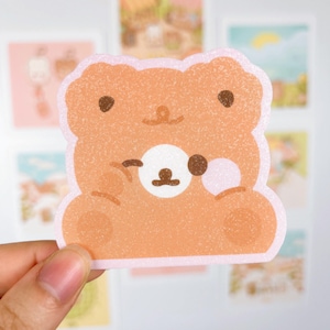Sticker imperméable ours spongieux | Mignon, kawaii | Pour agendas, bouteilles d'eau, ordinateurs portables | Sticker vinyle mat pailleté translucide