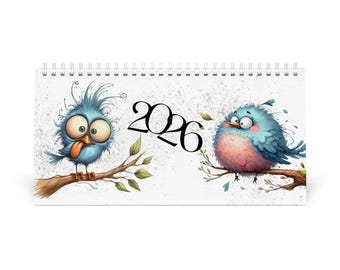 Funny Bird 2026 bureaukalender: eigenzinnige maandplanner, kantoordecor