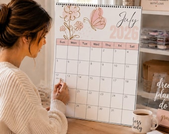 Academic Wall Planner, Floral Lineart 2026–2027 Mid Year Wall Calendar, July to June