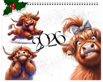Funny Highland Cow 2026 Wall Calendar: A4 Illustrated Monthly Planner