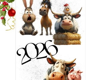 2026 Funny Farm Animals Wall Calendar: A4/A3, Monday/Sunday Start
