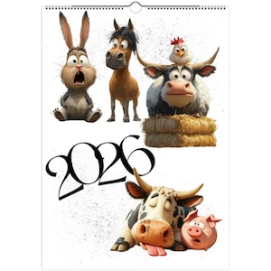 2026 Calendar Funny Farm Animals A4 & A3 Wall Calendar 2026 - Sunday Start or Monday Start Planner Illustrated 12 Month Large Calendar 2026