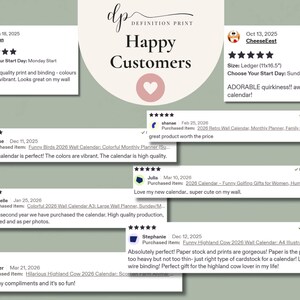 May include: A collection of customer reviews for Definition Print calendars, featuring five-star ratings, dates, and user comments. The text includes phrases like Happy Customers, Choose Your Start Day, and various product descriptions for wall calendars.