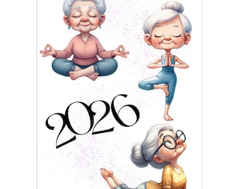 2026 Funny Yoga Grandma Wall Calendar: A3/A4 Monthly Planner