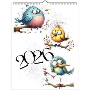 Calendario de pared con pájaros divertidos de EE. UU. para 2026. Inicio domingo o lunes. Calendario ilustrado de 12 meses para 2026. Impresión a una cara.