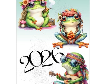 2026 Hippie Frogs Wall Calendar: Funny Illustrated Monthly Planner, A4/A3