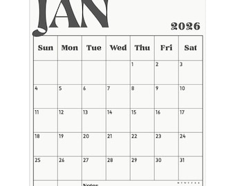 2026 Minimalist Wall Calendar: Mono Black and White Planner