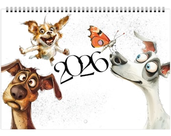 2026 Dog Wall Planner – Monthly Calendar with Funny Dog Illustrations – Sunday or Monday Start