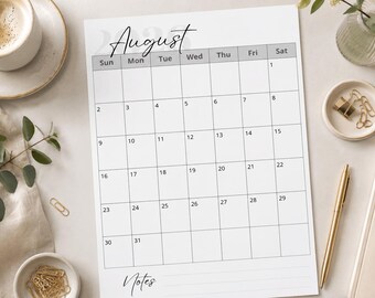 August 2026 Printable Calendar, Minimal Monthly Wall Calendar PDF, Sunday Monday Start,  Digital Download