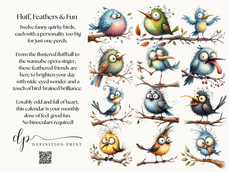 Quirky Funny Birds 2026 Calendar With Big Colorful Grids and a Monday ...