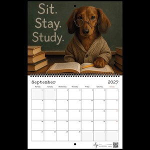 May include: A 2027 wall calendar for September featuring a brown dachshund wearing round glasses and a beige cardigan. The dog sits before an open book with a yellow pencil. The text Sit. Stay. Study. is printed on a dark green chalkboard background.