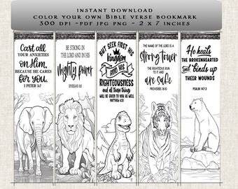 Bible Verse Animal Bookmarks Kids Coloring Activity Digital Download Scripture Printable Creative Educational Craft