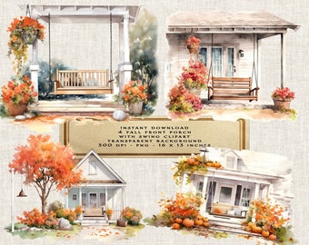 Farmhouse Porch with Swing Watercolor Clipart, Fall Swing Porch, Farmhouse clipart, Porch Bundle PNG, House Front Door Clipart Junk Journal