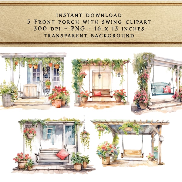 Watercolor Farmhouse Porch with Swing Clipart, Farmhouse Swing PNG, Porch Bundle PNG, House Watercolor Clipart, Porch Swing Flower Pot