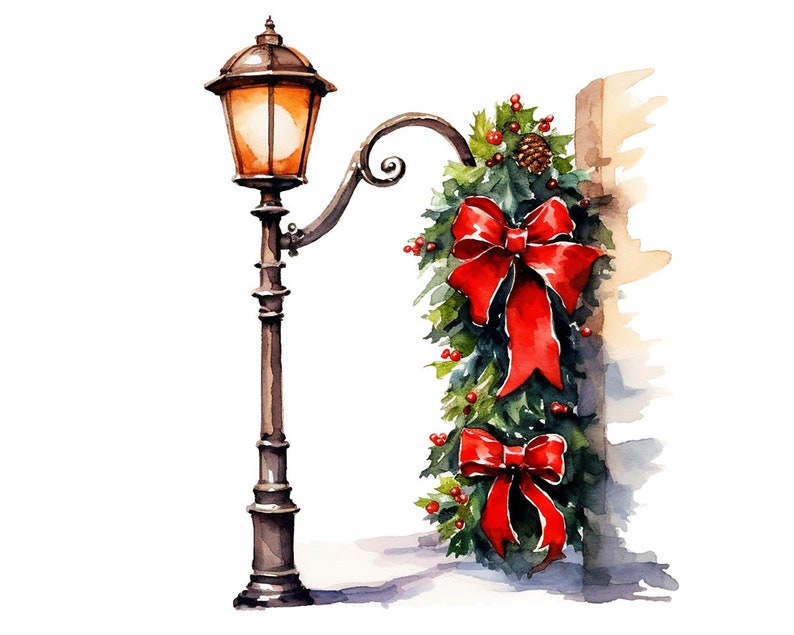 Watercolor Christmas street lamp post clipart, Vintage style lamp post with red  ribbon - Christmas Street Lantern