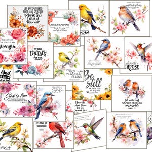 May include: A collection of square cards featuring watercolor illustrations of various birds, including hummingbirds, bluebirds, and yellow warblers, surrounded by floral arrangements and inspirational religious text in black script and serif fonts.